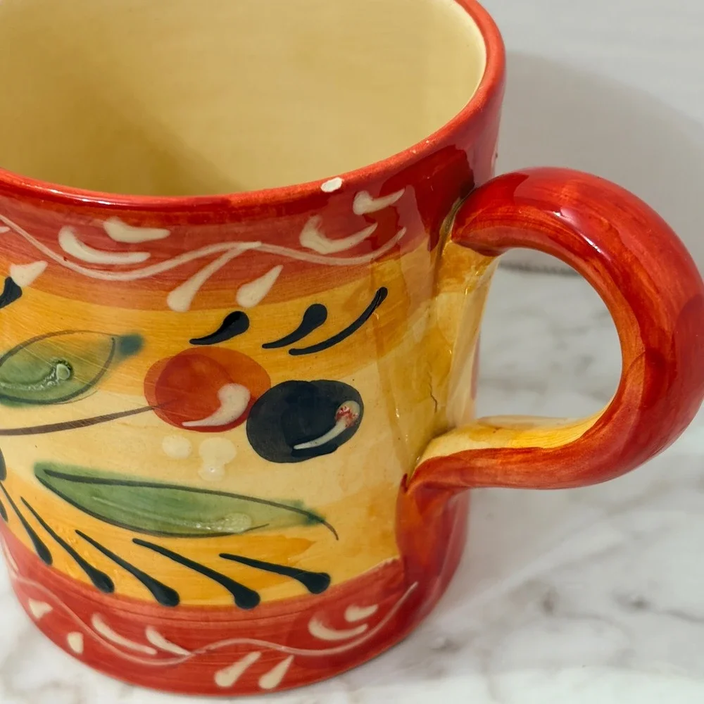 Hand Painted Mediterranean Olive Ceramic‎ Coffee Mug Red Orange Yellow Tuscan